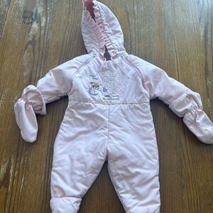 Vintage Snow Suit 12M Pink Hooded Embroidered One Piece 1980s Girl's Baby